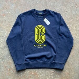 NWT! Coach Mens Retro Sport Sweatshirt Navy Blue Neon Yellow Logo 89792 Medium